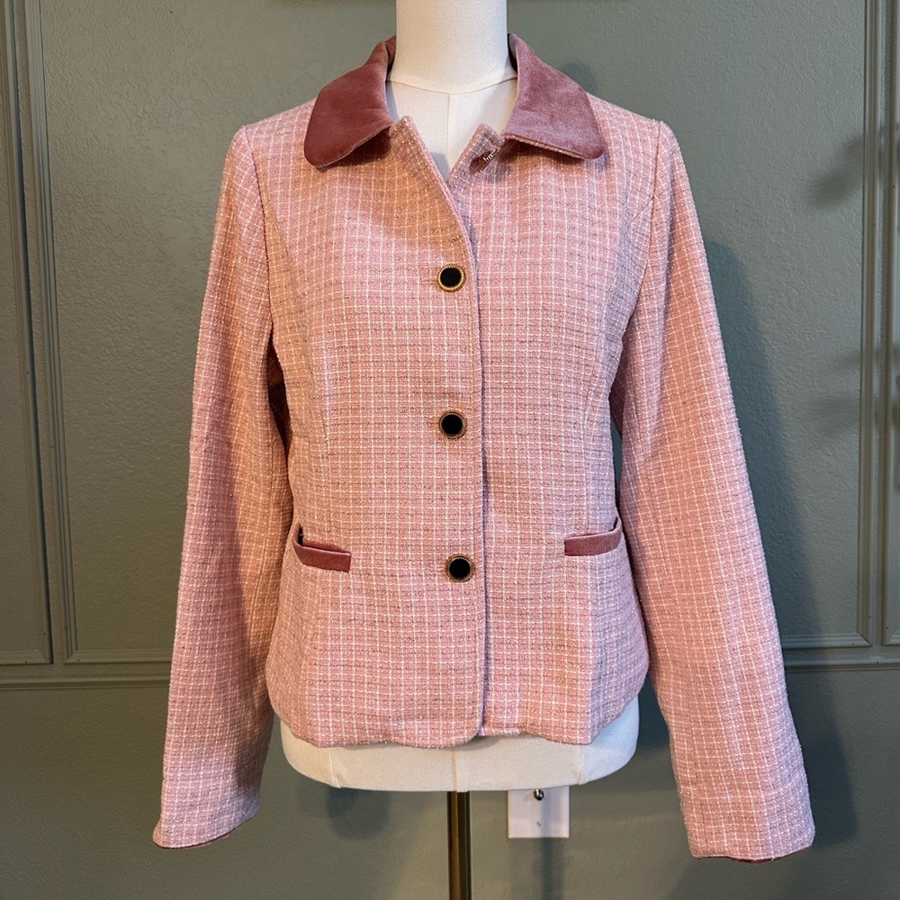 Allegra K Pink Tweed Velvet Collar Blazer Jacket – Size M